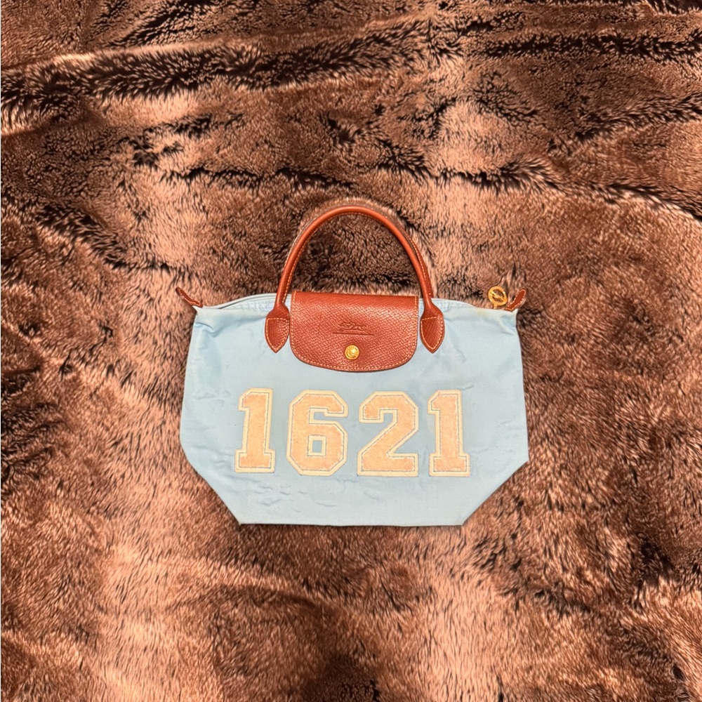 Longchamp Blue and Brown Tote Bag with 1621 Detail